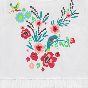 Vestido de manga corta con flores estampadas y rayas que contrastan 