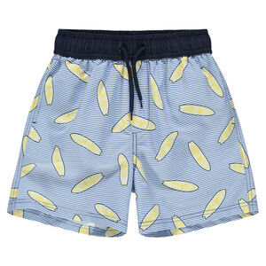 Júnio - Pantalón corto de baño con rayas y tablas de surf estampadas 