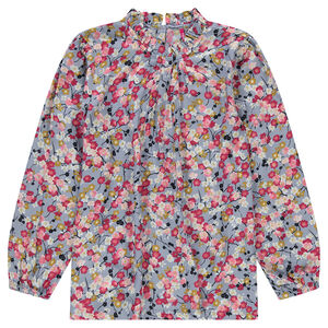Túnica de manga larga con estampado de flores all over y cuello de fantasía 