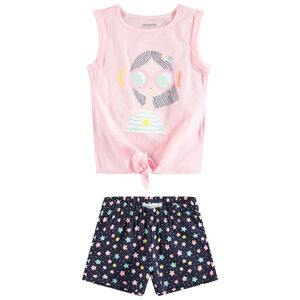 Conjunto de camiseta con personaje estampado y pantalón corto con estrellas all over 