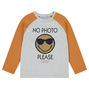 Camiseta de manga larga de punto bicolor con ©Smiley de lentejuelas mágicas 