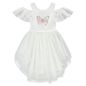 Vestido de ceremonia en dos tejidos con volantes de tul y mariposa estampada  Main Vestido de ceremonia en dos tejidos con volantes de tul y mariposa estampada