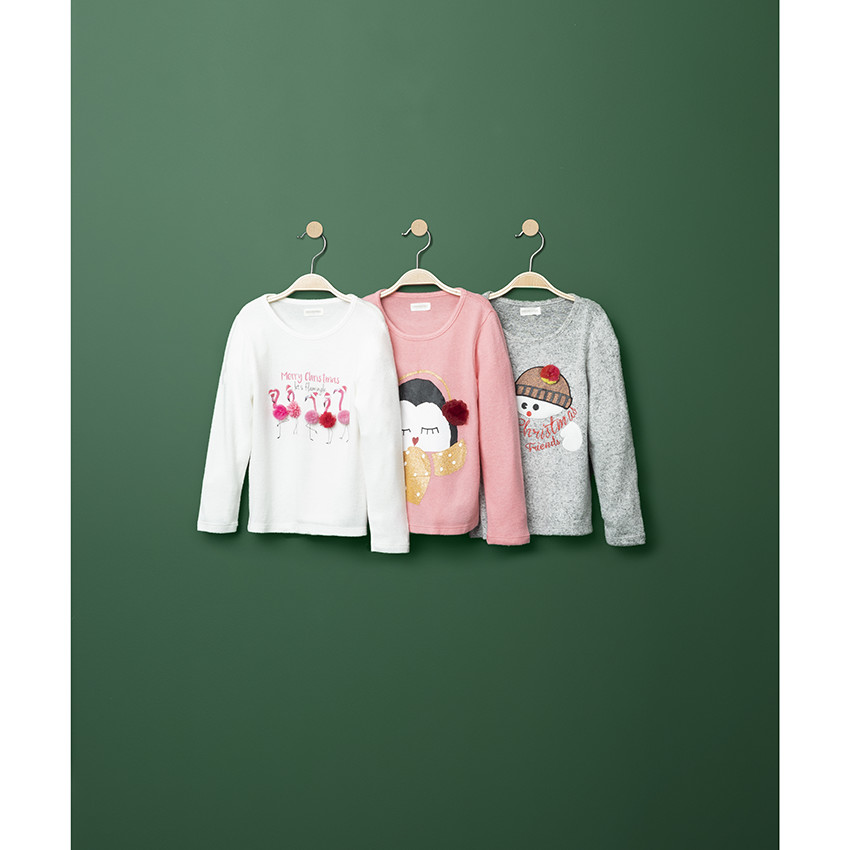 Camiseta de manga larga jaspeada de estilo navideño con muñeco de nieve bordado 