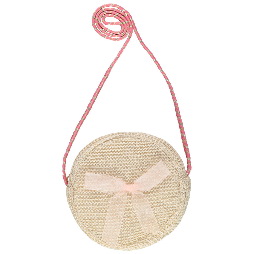 bolso de paja redondo con bandolera rosa y dorada 
