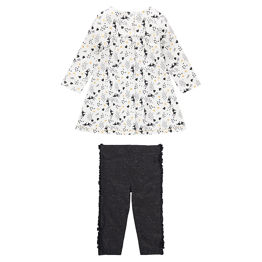 Conjunto con vestido estampado all over y leggings de punto slub plateados 