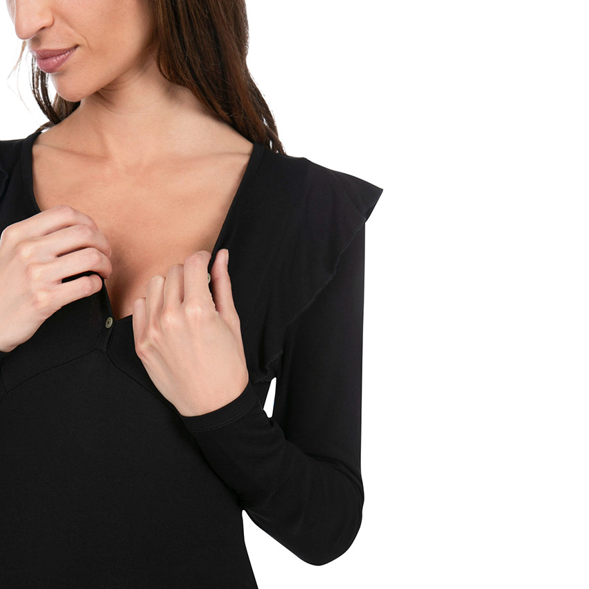 Camiseta premamá de manga larga con volantes y cuello abotonado 