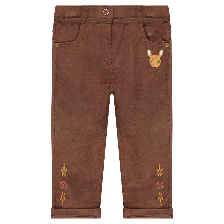 Pantalón slim de terciopelo con cervatillo bordado y ribete de encaje  