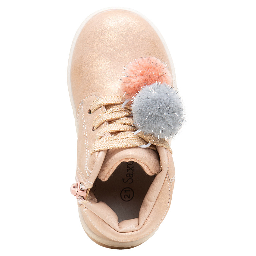 Botines brillantes con efecto de cuero y pompones desmontables 