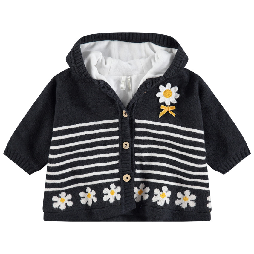 Chaqueta con capucha de punto con forro de micropolar de rayas y margaritas  Additional Chaqueta con capucha de punto con forro de micropolar de rayas y margaritas