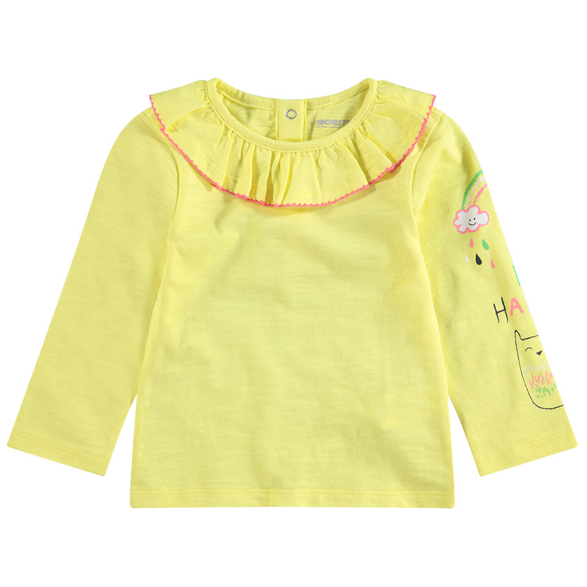 Camiseta de manga larga de punto con cuello con volantes y dibujos estampados 