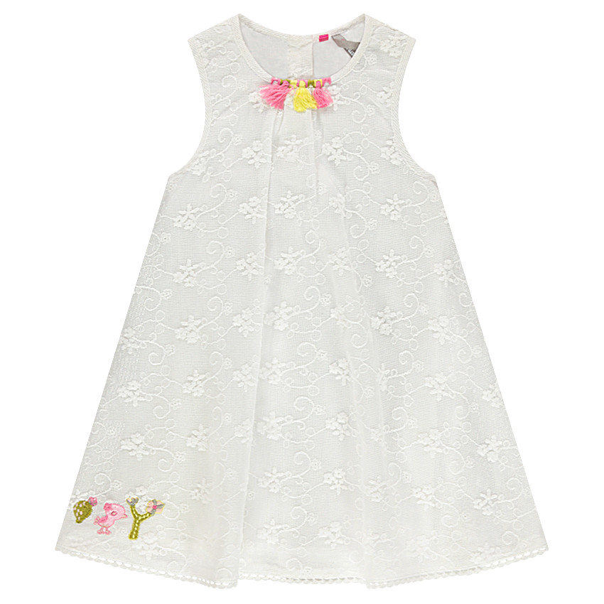 Vestido sin mangas de encaje con bordados y pompones  