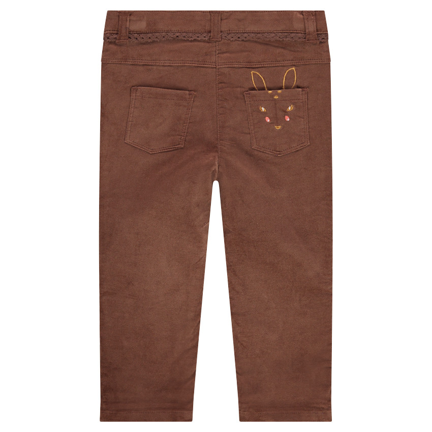Pantalón slim de terciopelo con cervatillo bordado y ribete de encaje  