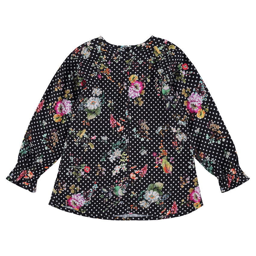 Vestido de manga larga de raso de algodón con lunares y flores all-over 