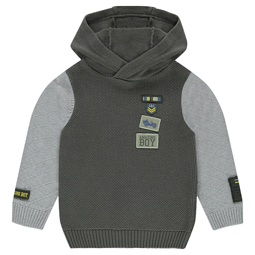 Jersey con capucha de punto de fantasía con parches cosidos 