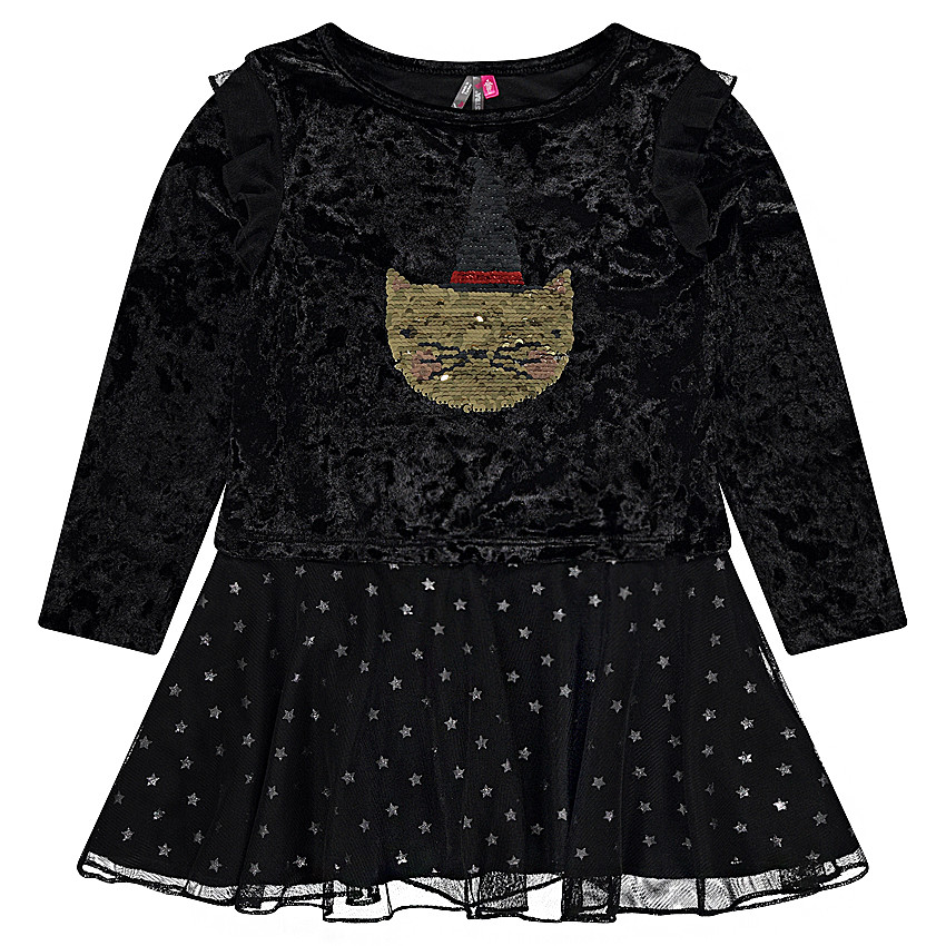 Vestido bimaterial especial Halloween con estampado de gato con lentejuelas mágicas 