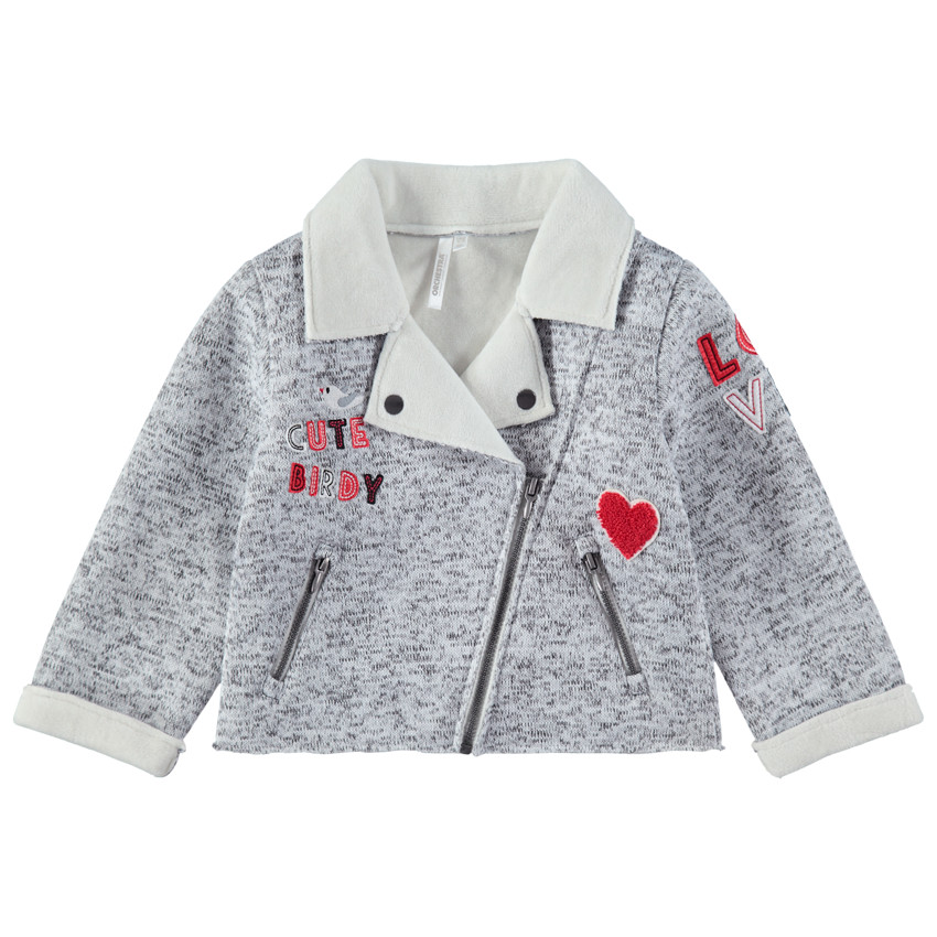 Chaqueta jaspeada con cuello con muescas e inscripciones cosidas con bolsillos con cremallera  Additional Chaqueta jaspeada con cuello con muescas e inscripciones cosidas con bolsillos con cremallera