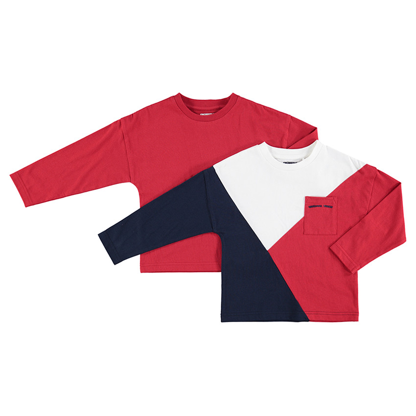Júnior - Juego de 2 camisetas de manga larga lisa/con franjas en contraste y bolsillo 