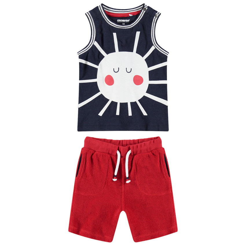 Conjunto con camiseta con sol estampado y bermudas de toalla 