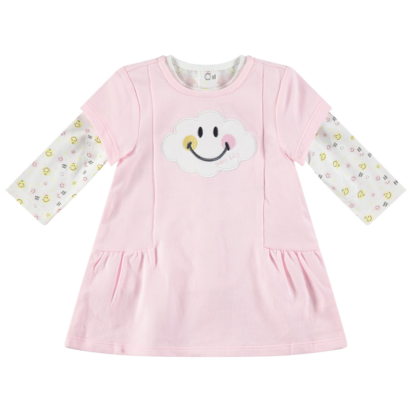 Conjunto con camiseta de manga larga, vestido rosa y legginghs estampado con ©Smiley 