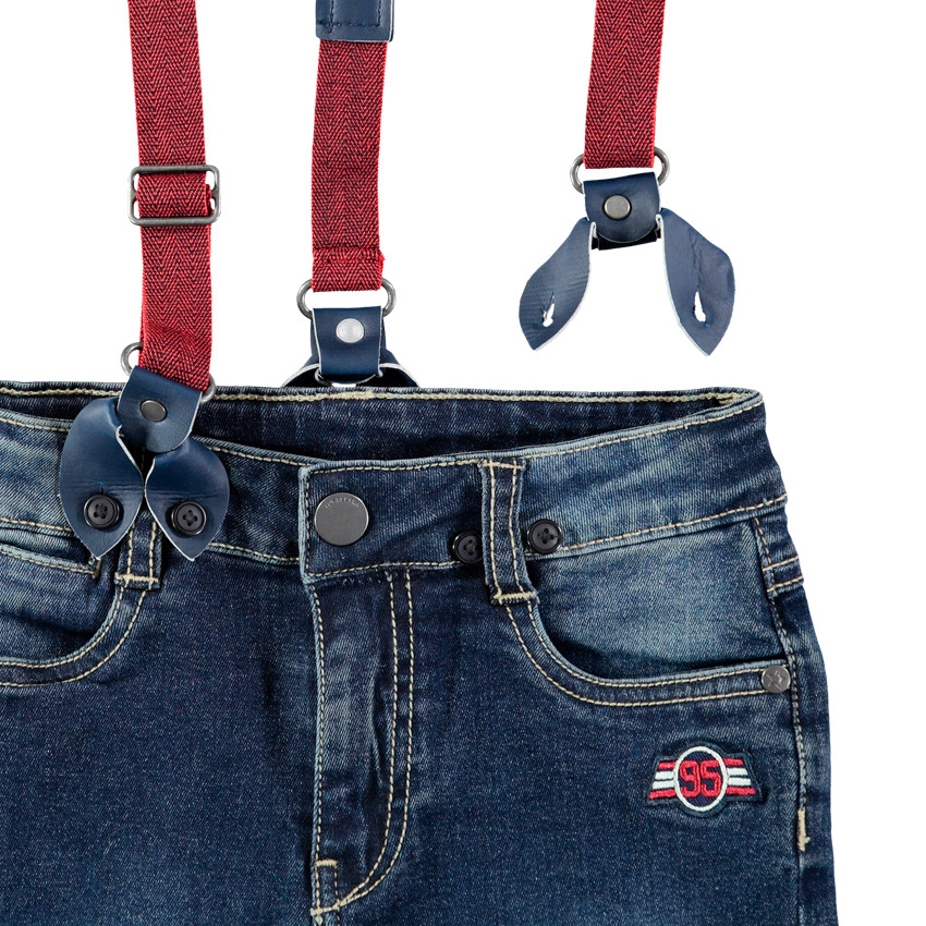 Vaqueros efecto desgastado con tirantes elásticos en los hombros 