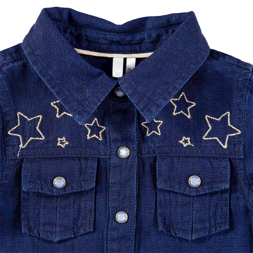 Vestido de manga larga bimaterial con efecto 2 en 1 y estrellas doradas 