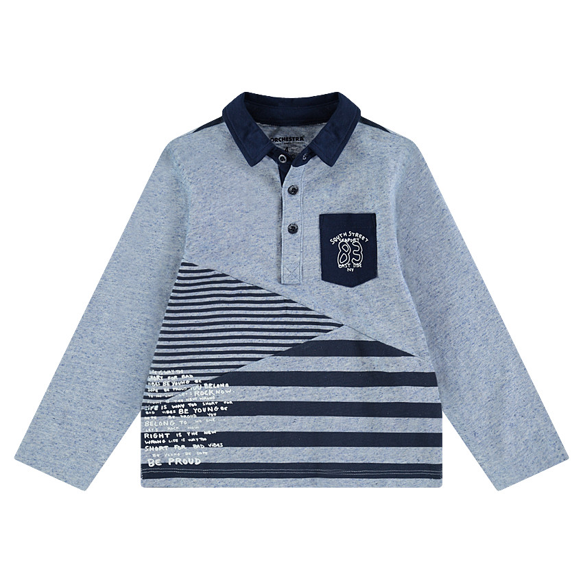 Polo de manga larga de punto slub con bolsillo y texto estampado 