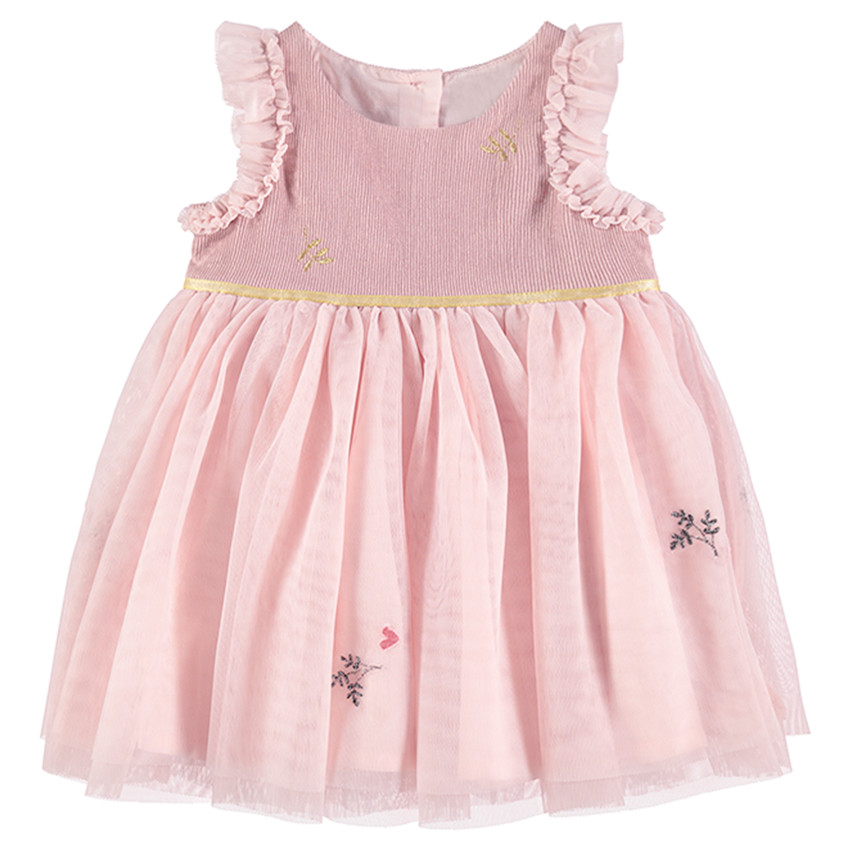 Vestido rosa de fiesta de dos materiales con tul y volantes 