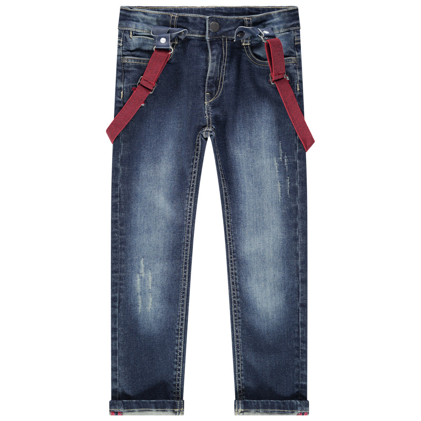 Vaqueros efecto desgastado con tirantes elásticos en los hombros 