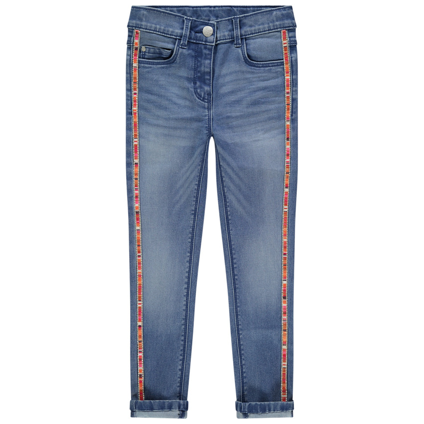 Jean slim effet used à bandes latérales colorées 