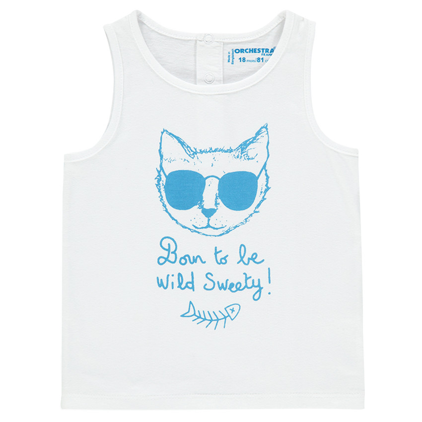 Camiseta lisa con gato y mensaje estampados 