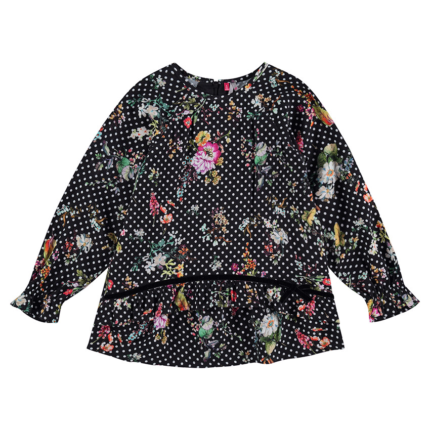 Vestido de manga larga de raso de algodón con lunares y flores all-over 