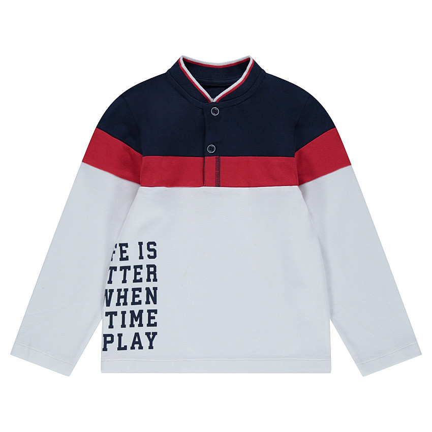 Polo de manga larga de algodón cosido con bandas que contrastan y bolsillo 