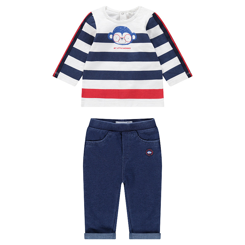 Conjunto con camiseta de manga larga y estampado de mono y pantalón de felpa 