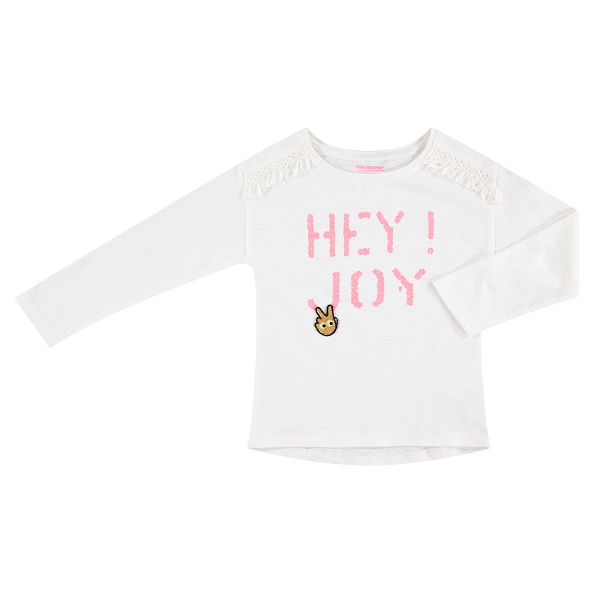 Camisera de manga larga de punto con mensaje estampado y galones con flecos 