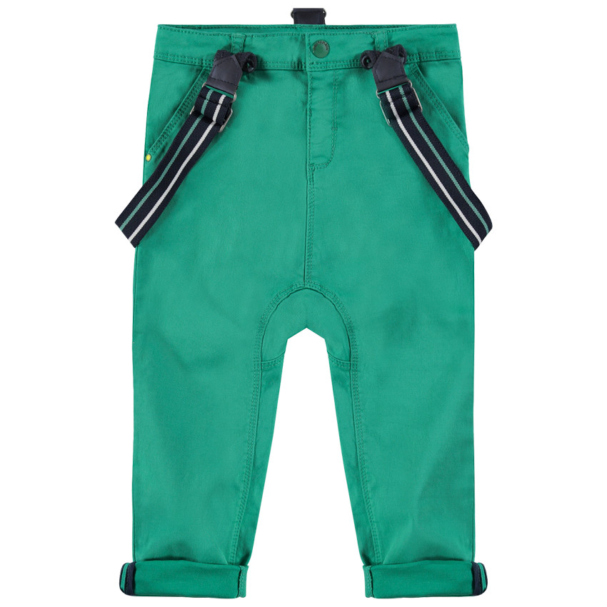 Pantalón de algodón verde con tirantes elásticos desmontables 