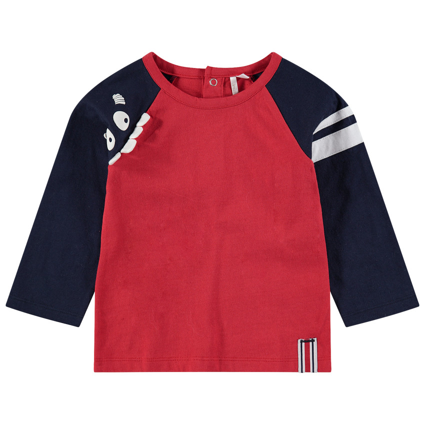 Camiseta de manga larga bicolor con monstruo estampado y dientes de relieve 