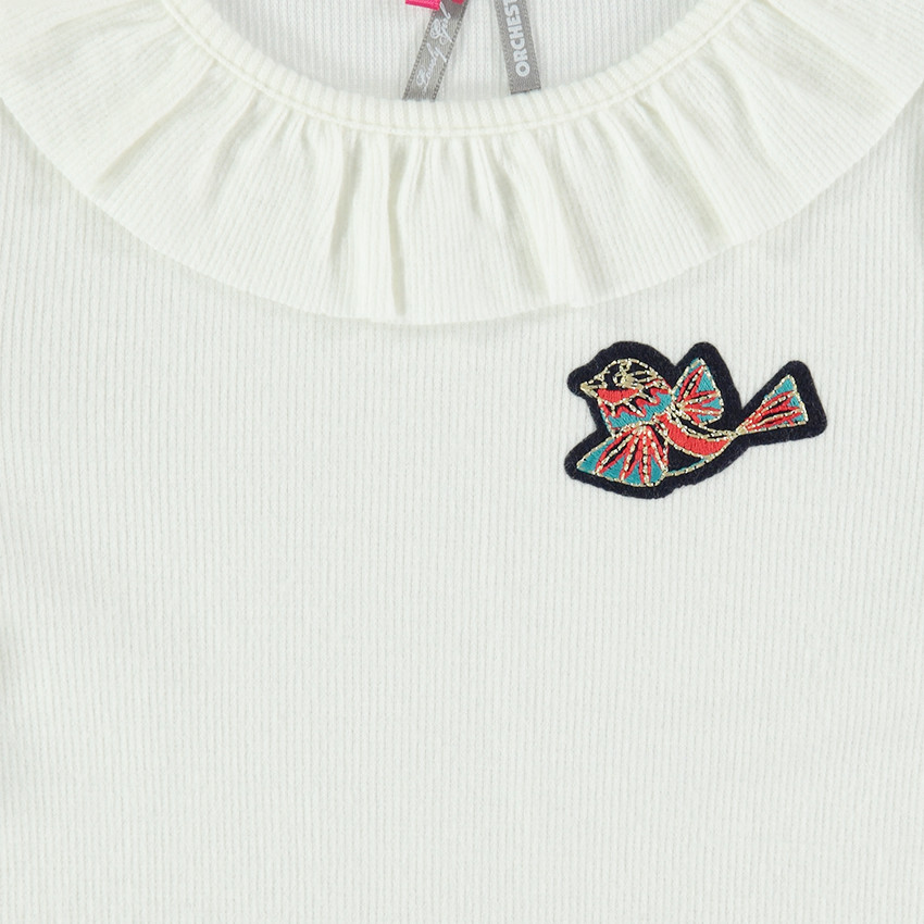 Camiseta de manga larga con acanalado con parche de pájaro y cuello con volantes  