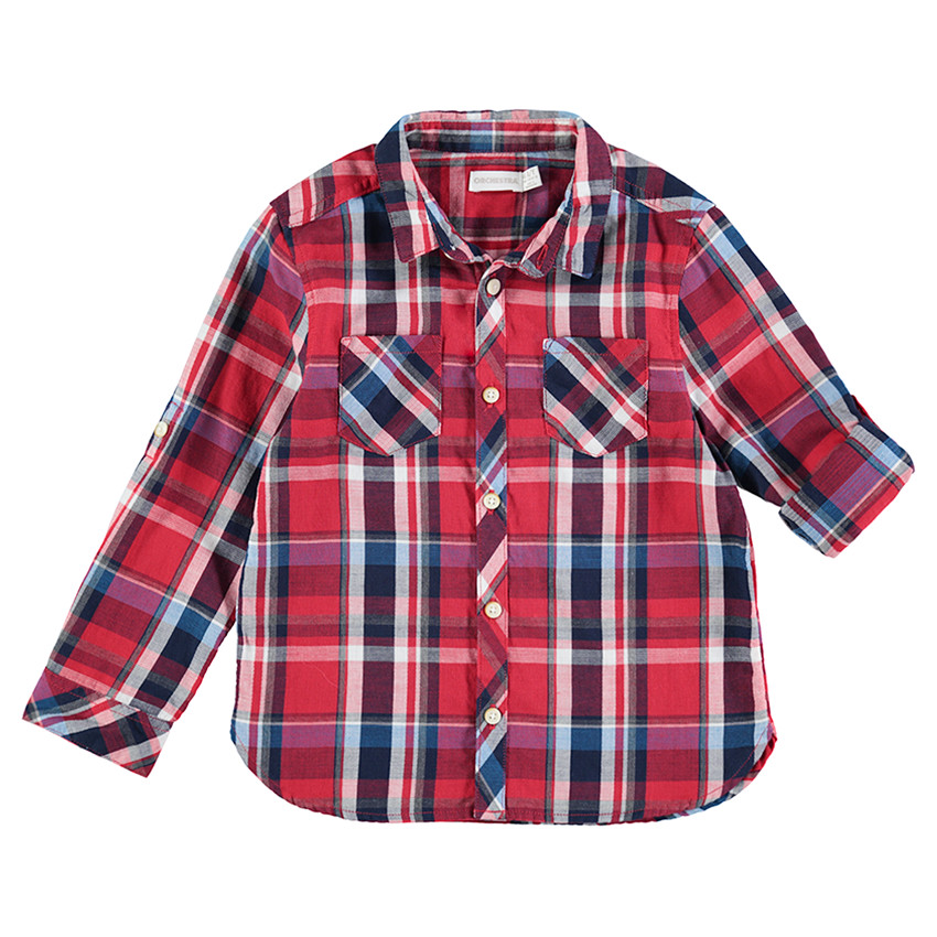 Camisa de manga larga roja con cuadros grandes y bolsillos 