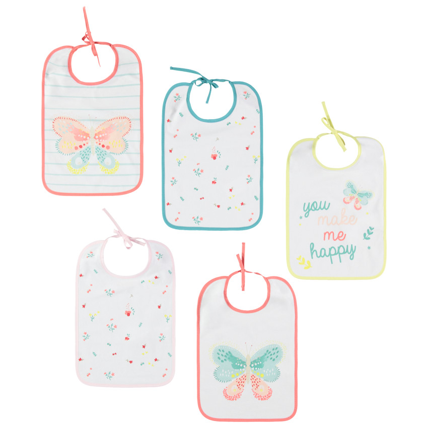Lote de 5 baberos con estampado fantasia y mariposa estampada 
