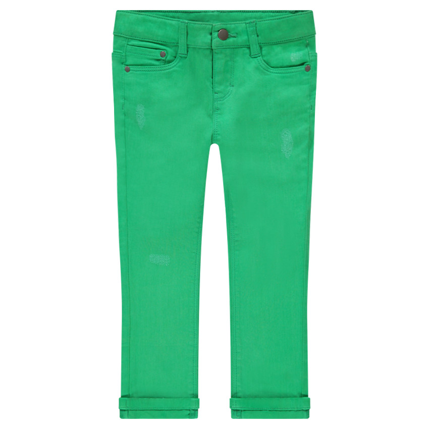 Pantalón de algodón liso verde con efecto desgastado.  