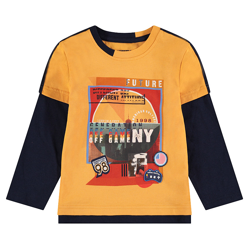 Camiseta de manga larga con efecto 2 en 1 bicolor y dibujo estampado 