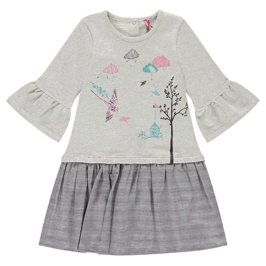 Vestido de dos materiales con efecto 2 en 1 con estampados de fantasía y mangas acampanadas 