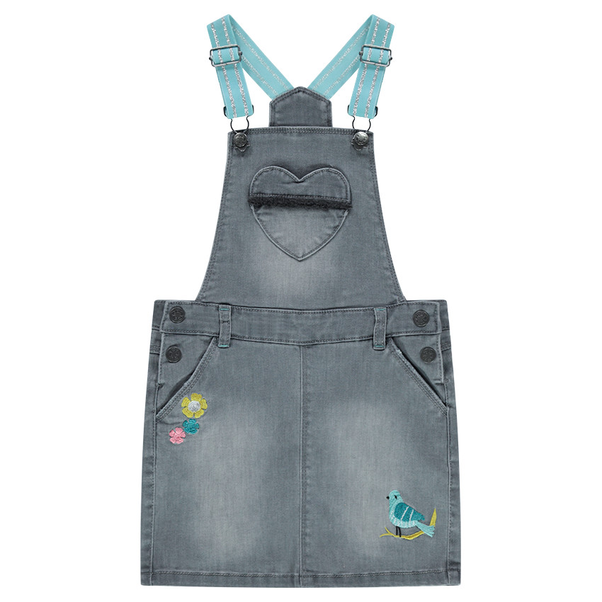 Vestido vaquero con tirantes elásticos y motivos bordados 