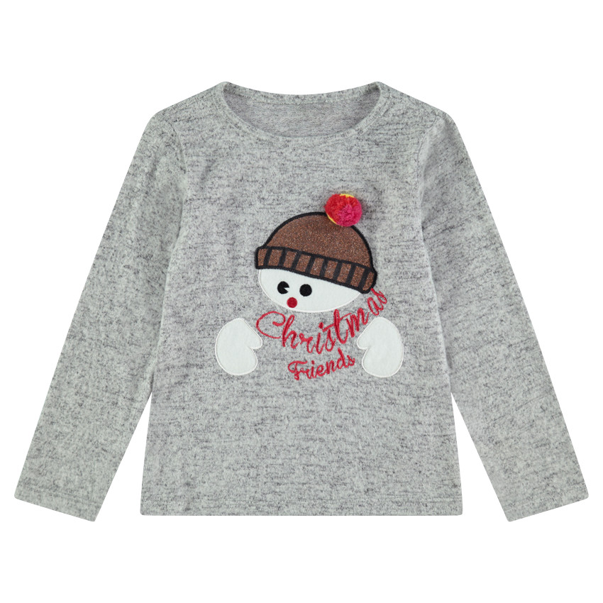 Camiseta de manga larga jaspeada de estilo navideño con muñeco de nieve bordado 