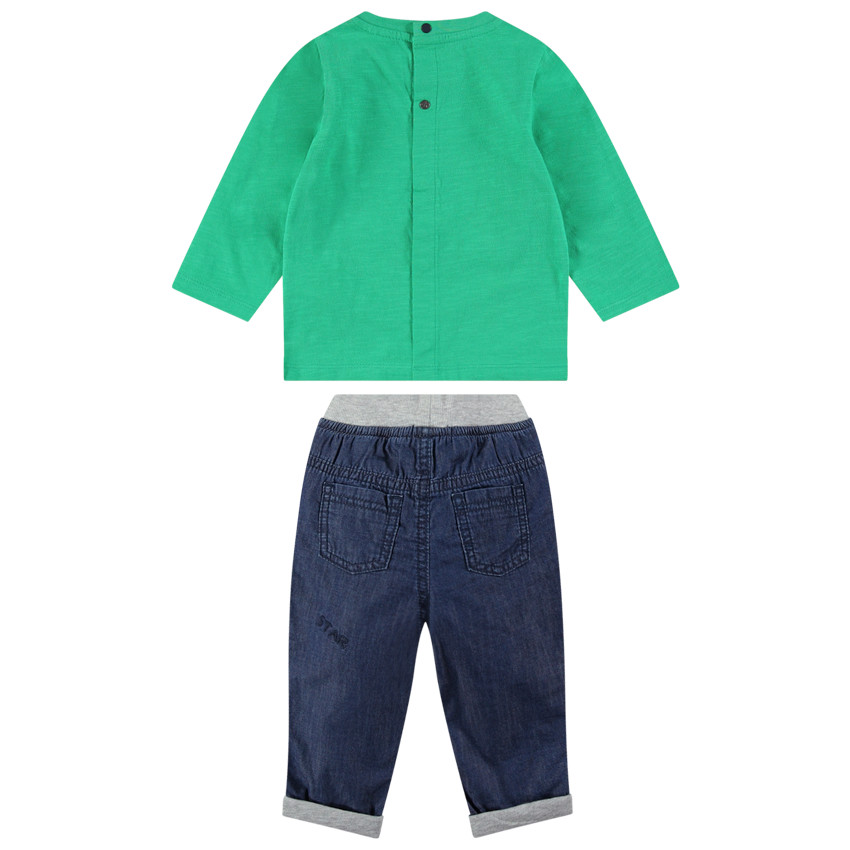 Conjunto de camiseta de manga larga verde y vaqueros con bordados 