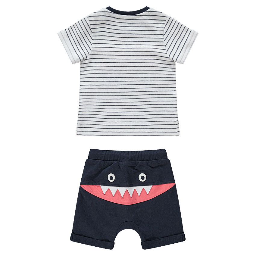 Conjunto con camiseta de rayas y bermuda de felpa con monstruo en la espalda 