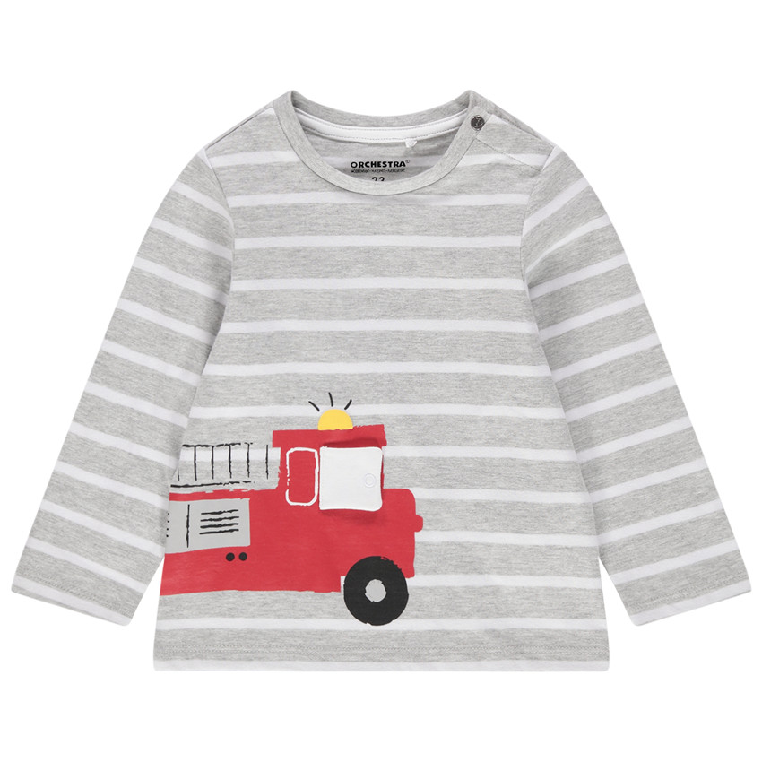Camiseta de manga larga de algodón ecológico de rayas y camióin de bombero estampado 