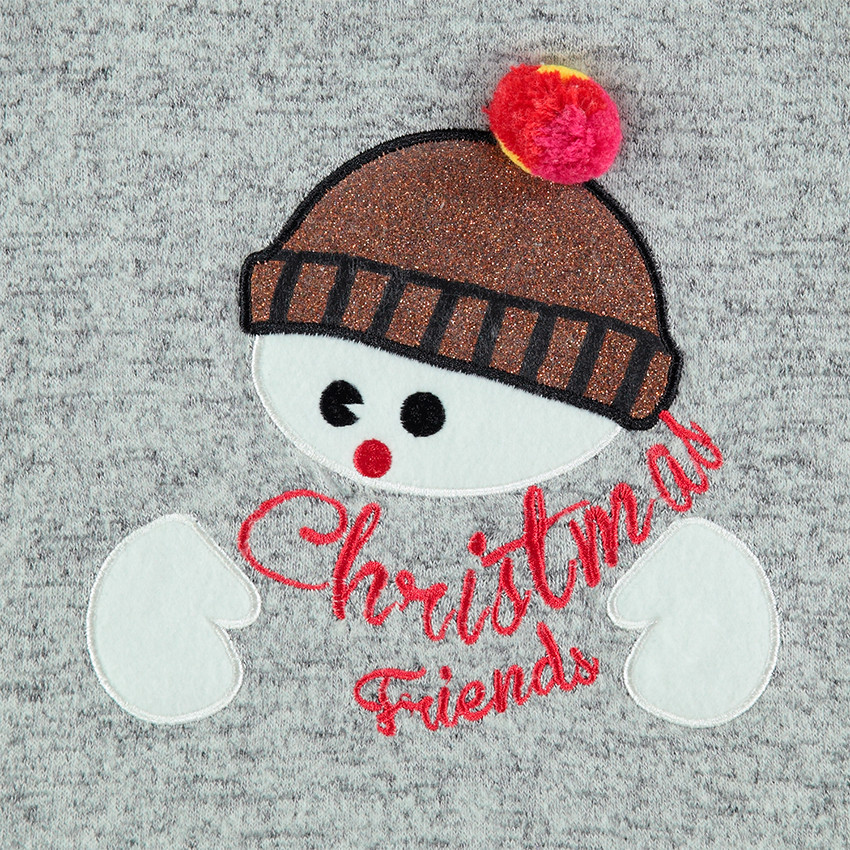 Camiseta de manga larga jaspeada de estilo navideño con muñeco de nieve bordado 