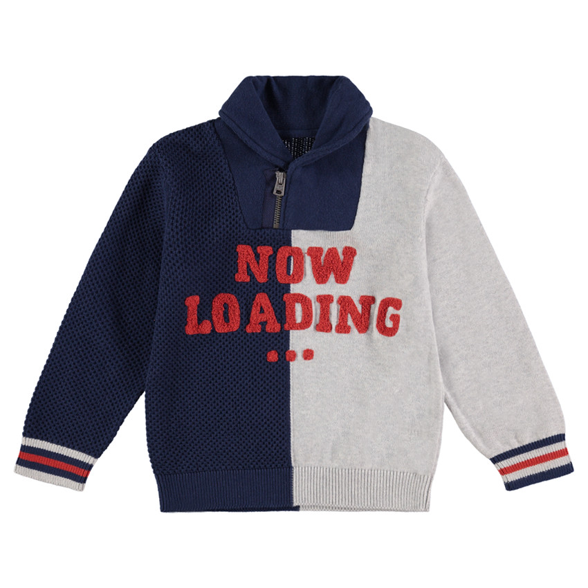 Jersey de punto bicolor con cuello con cremallera e inscripción de rizo 