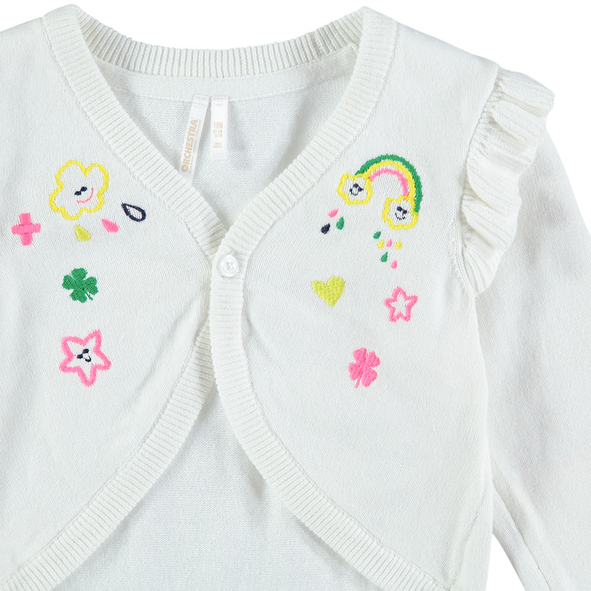 Chaqueta de punto fino con bordados de fantasía y mangas con volantes 